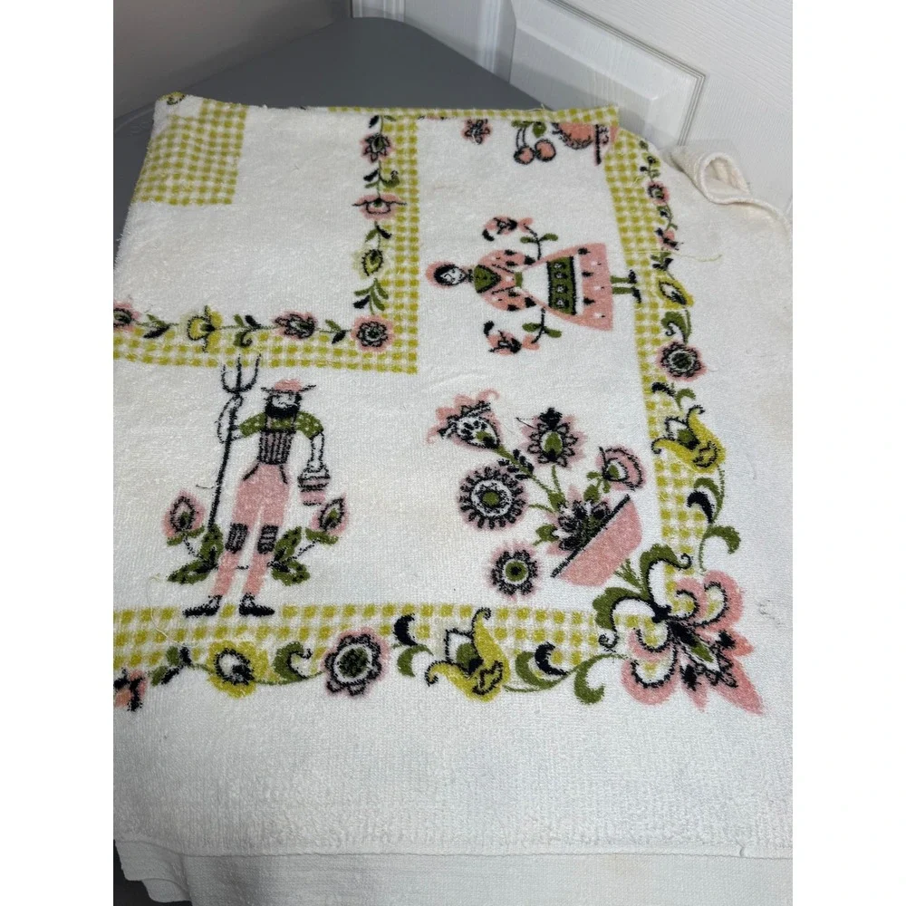 VTG Dutch Folk Art Terry Cloth Tablecloth Pink Green Gingham Farmer Rooster 70s